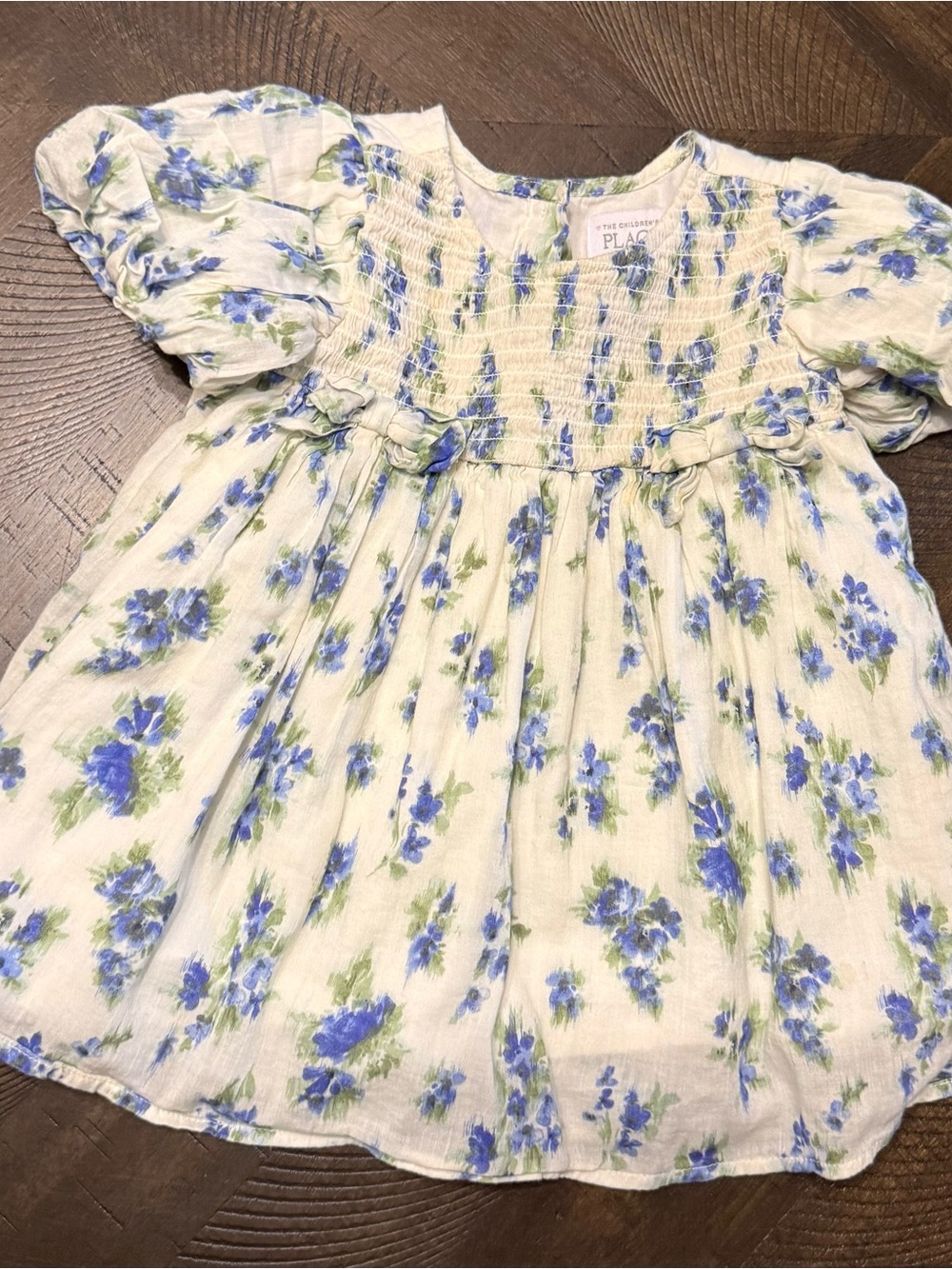 The Children's Place White Floral Smocked Dress with Blue Flowers
